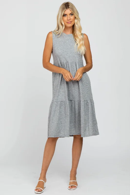 Heather Grey Ribbed Sleeveless Midi Dress Trendy Ruched Side Midi Dress