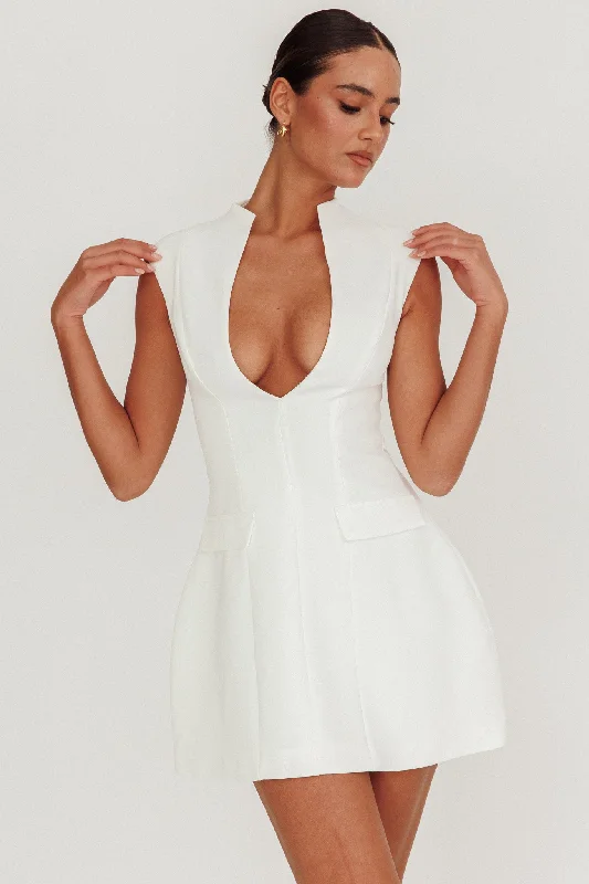 Heavenly Bodies Sleeveless Deep Neckline Mini Dress White Stylish Ruffle Mini Dress