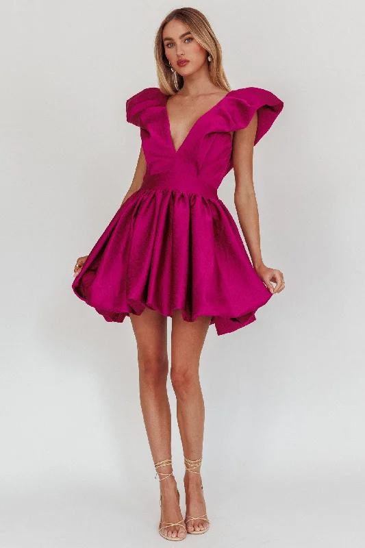 Hidden Heart Bubble Hem Mini Dress Magenta Comfortable Fit-and-Flare Mini Dress