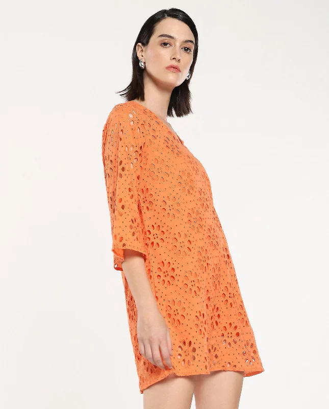 Rareism Women Hoiter Orange Cotton Fabric Regular Sleeves Boat Neck Solid MINI Dress Comfortable Ruffle Mini Dress