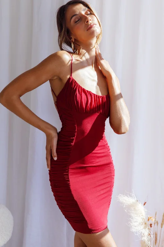 Hola, Chica! Ruched Mesh Open Back Mini Dress Plum Stylish Button-Down Mini Dress