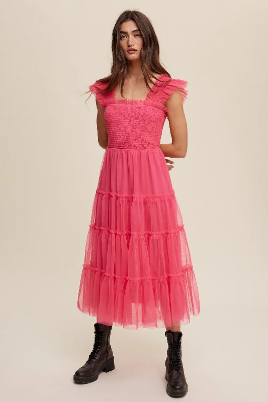 Hot Pink Smocked Ruffle Tiered Mesh Midi Dress Fashionable Shift Midi Dress
