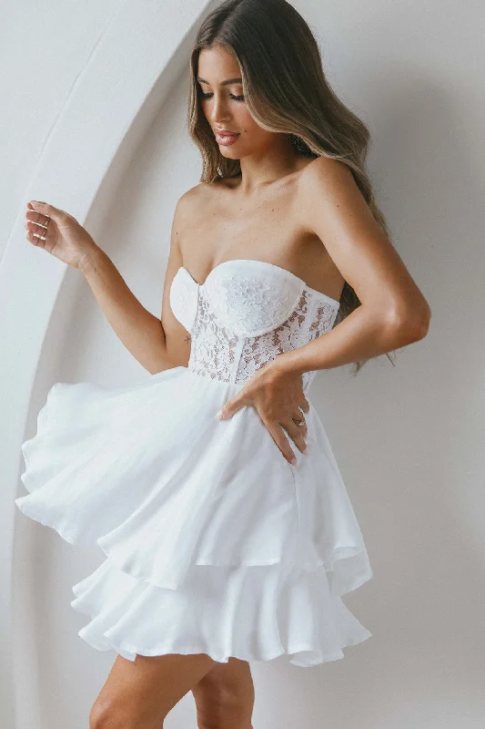 In Your Arms Strapless Lace Bodice Layered Hem Mini Dress White Stylish Sweetheart Mini Dress In Your Arms Strapless Lace Bodice Layered Hem Mini Dress White Stylish Sweetheart Mini Dress