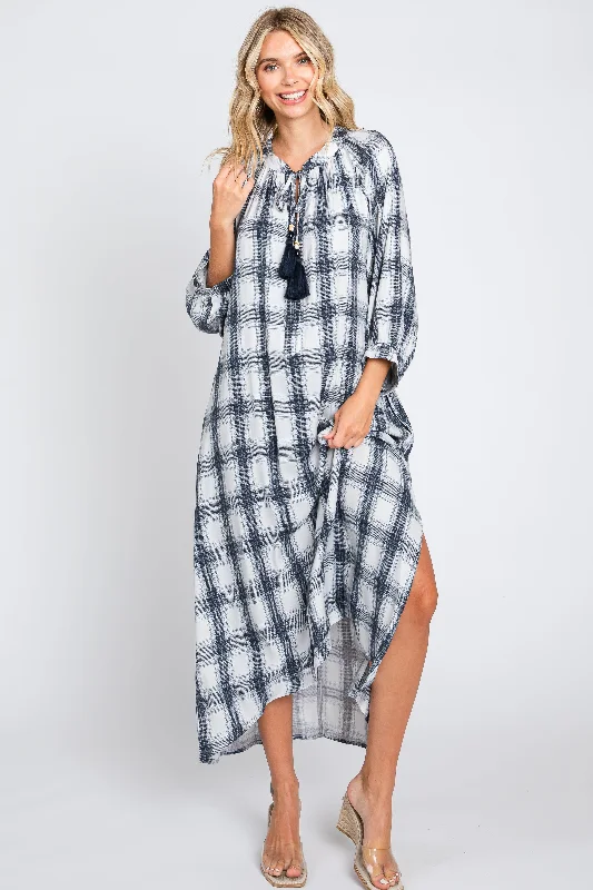 Ivory Plaid 3/4 Sleeve Midi Dress Cozy Ribbed Knit Midi Dress