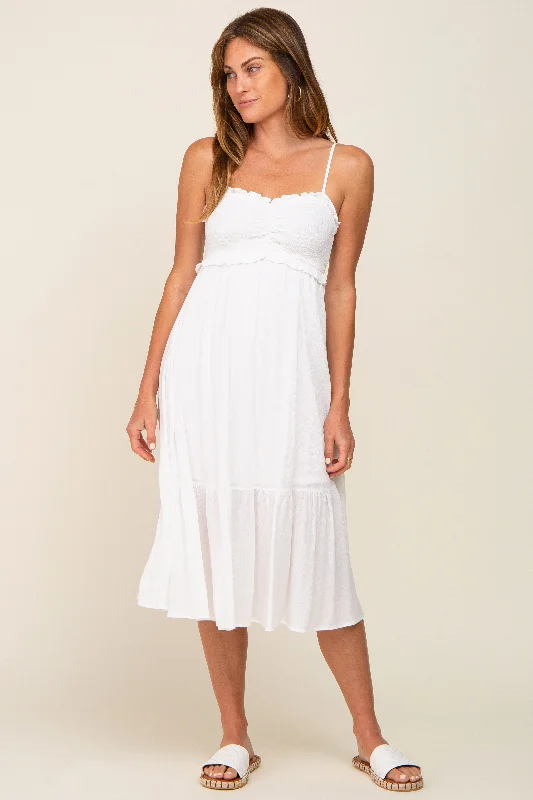 Ivory Smocked Ruffle Accent Midi Dress Elegant Maxi-Midi Hybrid Dress