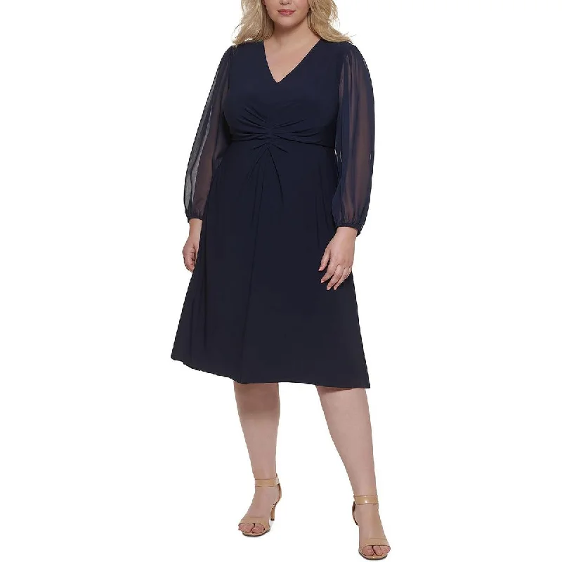 Jessica Howard Womens Plus V-Neck Puff Sleeves Midi Dress