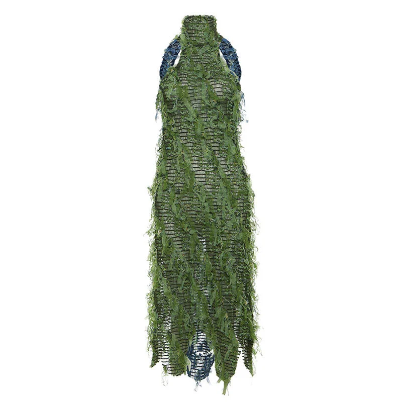 Jungle Mock Neck Bicolor Backless Smocked Fringe Sheer Mesh Midi Dress Fashionable Pleated Midi Dress Jungle Mock Neck Bicolor Backless Smocked Fringe Sheer Mesh Midi Dress Fashionable Pleated Midi Dress
