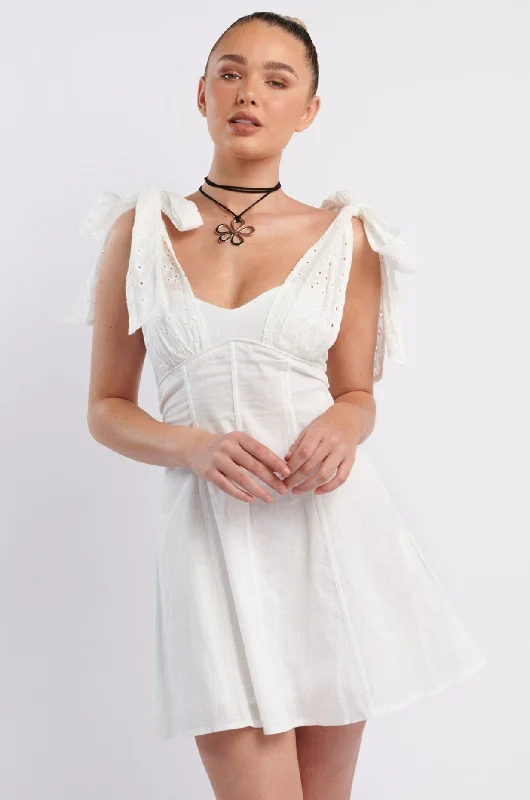 Kellie Bow Shoulder Mini Dress White Cozy Jersey Mini Dress