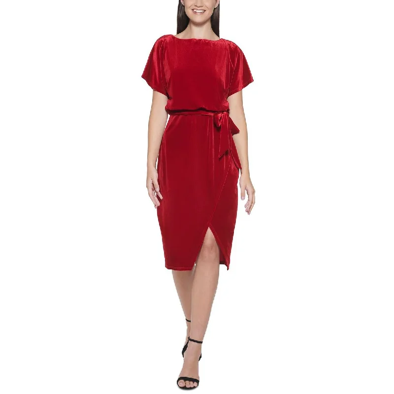 Kensie Dresses Womens Velvet Boatneck Midi Dress Elegant Faux Wrap Midi Dress