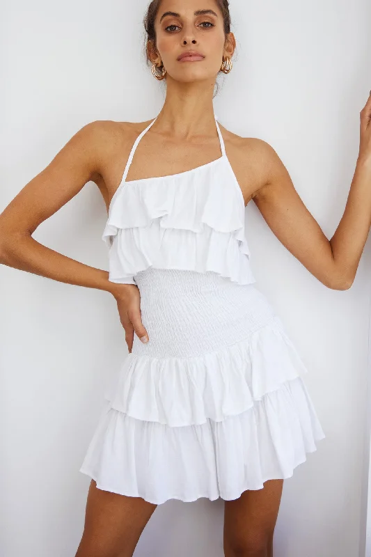 Kristy Halterneck Shirred Bodice Ruffle Mini Dress White Classic Floral Mini Dress