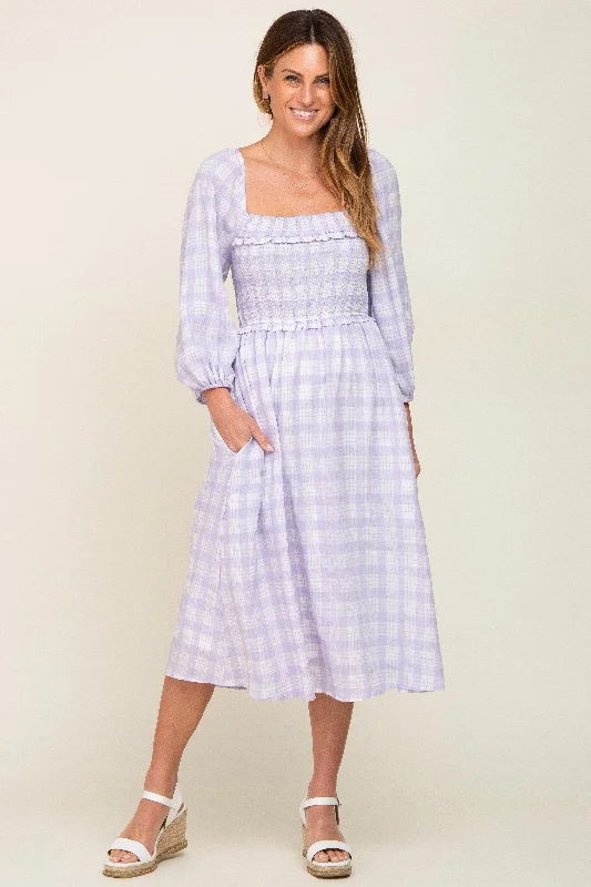 Lavender Plaid Smocked Square Neck Lace-Up Back Midi Dress Comfortable Deep V Midi Dress