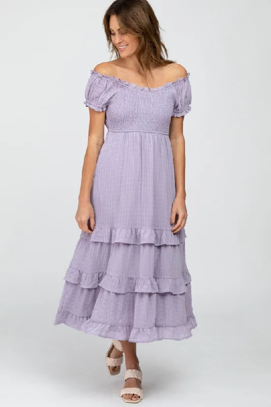 Lavender Smocked Ruffle Midi Dress Stylish Halter Neck Midi Dress