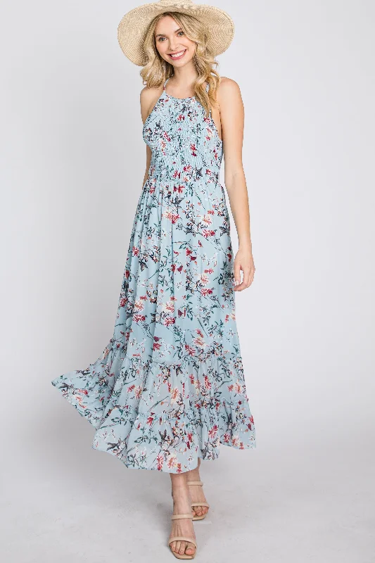 Light Blue Floral Chiffon Smocked Midi Dress Trendy Floral Wrap Midi Dress