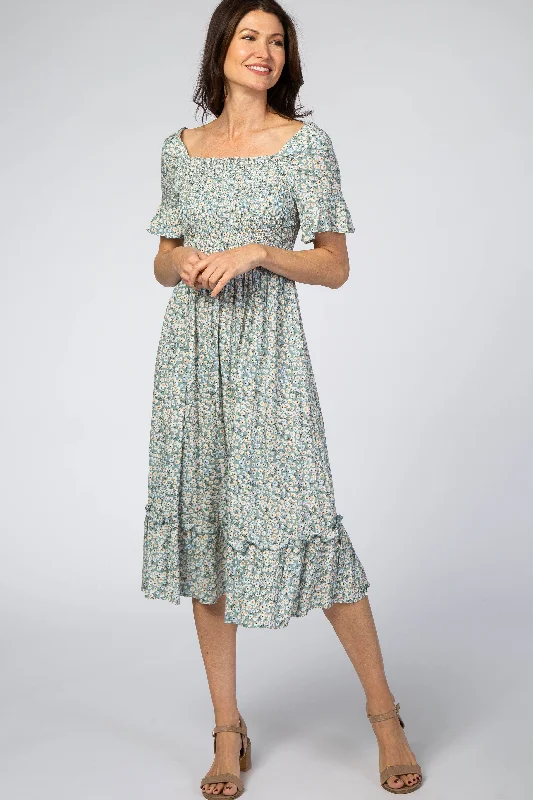 Light Blue Floral Ruffle Midi Dress Stylish Vintage Midi Dress