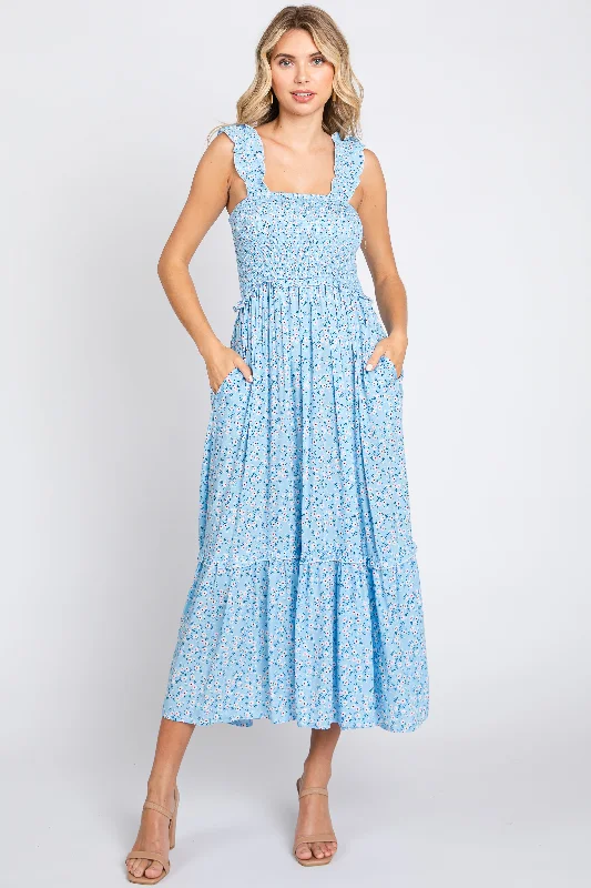 Light Blue Floral Sleeveless Smocked Ruffle Midi Dress Comfortable Geometric Print Midi Dress