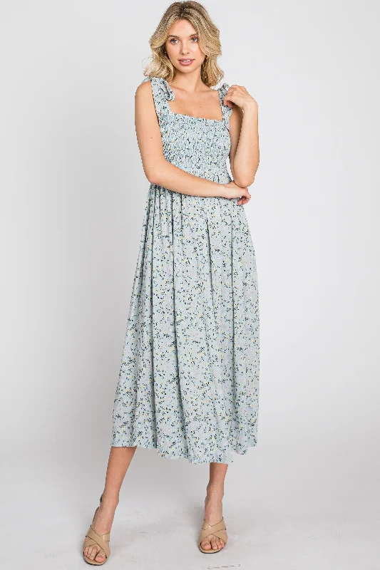 Light Blue Floral Smocked Tie Strap Midi Dress Stylish Wraparound Midi Dress