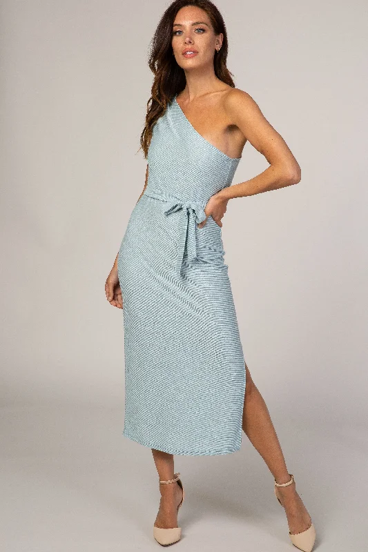 Light Blue One Shoulder Fitted Midi Dress Trendy Long Sleeve Midi Dress