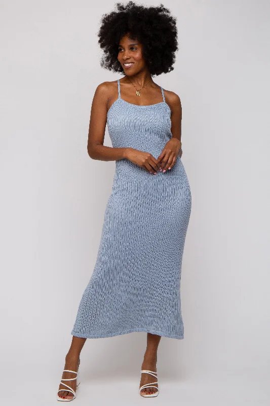 Light Blue Open Knit Crochet Midi Dress Trendy Ruffle Hem Midi Dress