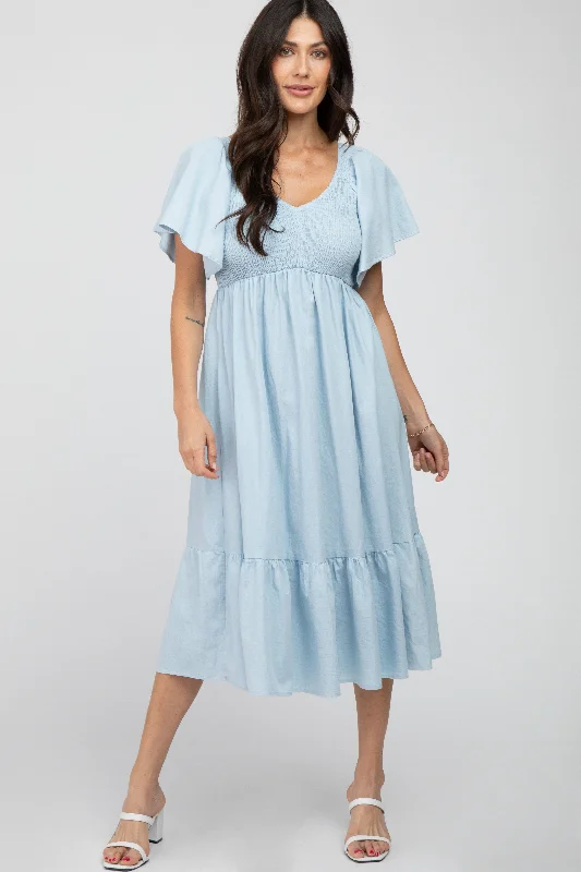 Light Blue Smocked Ruffle Hem Midi Dress Trendy Shift Midi Dress