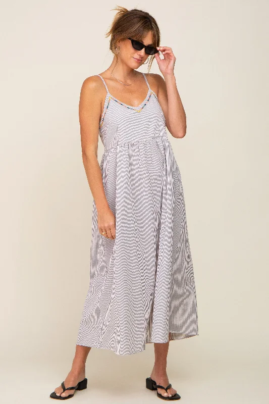 Light Blue Striped Embroidered Midi Dress Comfortable Empire Waist Midi Dress