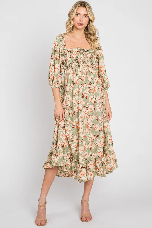Light Olive Floral Ruffle Square Neck Smocked Front Tie Midi Dress Chic Off-Shoulder Midi Dress Light Olive Floral Ruffle Square Neck Smocked Front Tie Midi Dress Chic Off-Shoulder Midi Dress