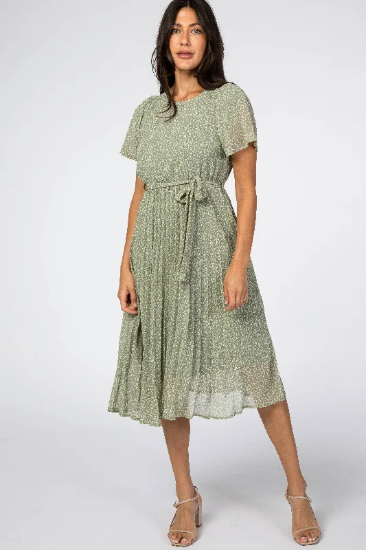 Light Olive Leaf Print Pleated Midi Dress Stylish Midi Dress with Cuffs