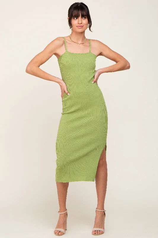 Light Olive Ribbed Knit Side Slit Midi Dress Stylish Vintage Midi Dress