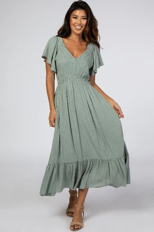 Light Olive Smocked V-Neck Midi Dress Comfortable Sleeveless Midi Dress