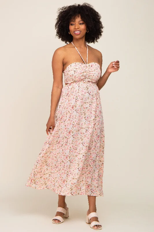 Light Pink Floral Halter Tie Open Back Midi Dress Trendy Shift Midi Dress
