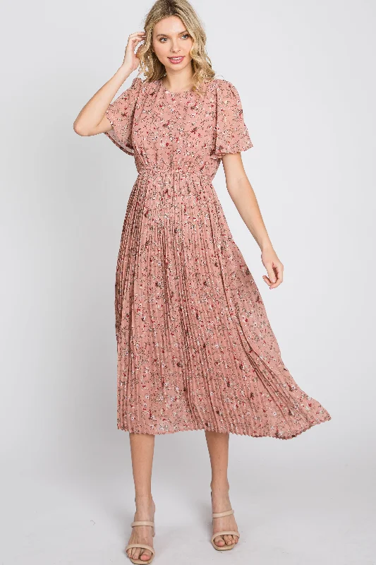 Light Pink Floral Pleated Short Sleeve Chiffon Midi Dress Elegant Velvet Midi Dress