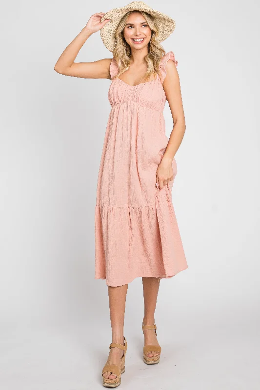 Light Pink Gauze Ruffle Midi Dress Trendy Ruched Side Midi Dress