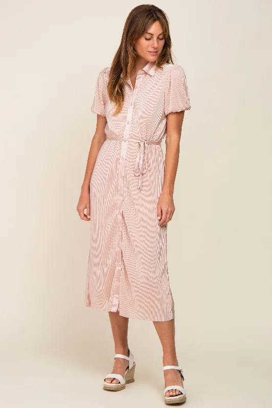 Light Pink Pleated Button-Down Collared Midi Dress Chic Lace Detail Midi Dress