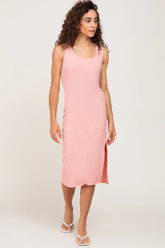 Light Pink Ribbed Back Cutout Midi Dress Trendy Smocked Waist Midi Dress
