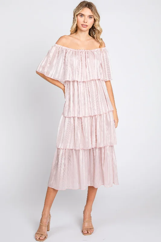 Light Pink Striped Layered Midi Dress Stylish Button-Up Midi Dress