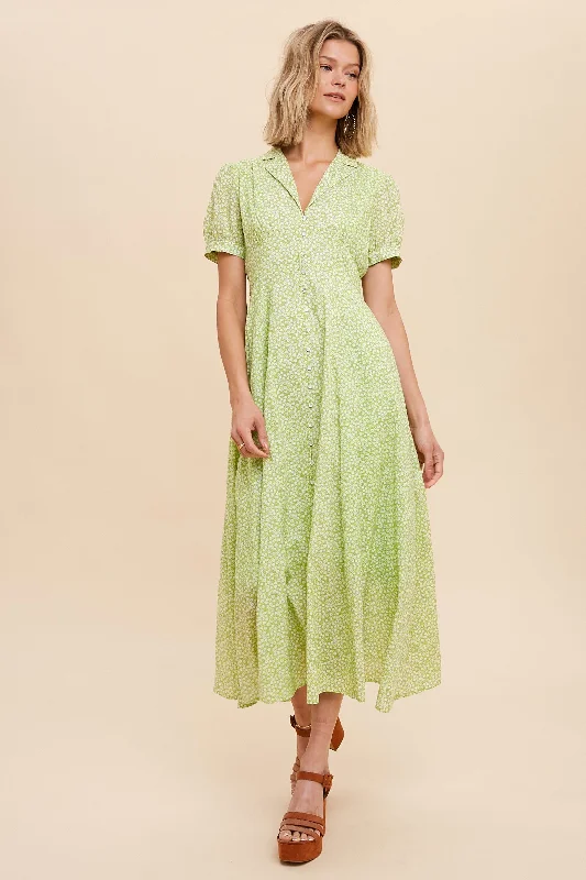 Lime Collared Button Down Midi Dress Comfortable Ribbed Midi Dress
