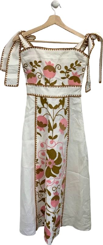 LUG VON SIGA White Ornella Uzbek embroidered linen midi dress UK 8