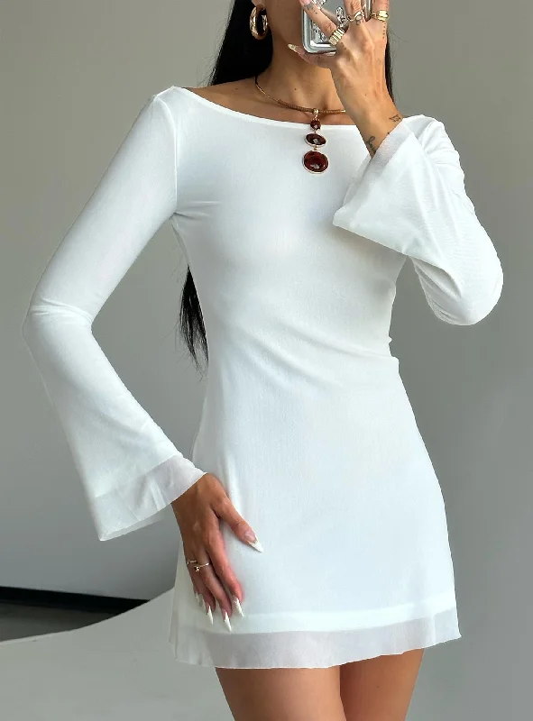 Lukea Long Sleeve Mini Dress White Fashionable Lace-Trim Mini Dress
