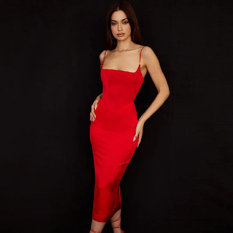 Luxury Square Neck Spaghetti Strap Satin Slip Midi Dress - Red Stylish Off-Shoulder Ruffle Dress Luxury Square Neck Spaghetti Strap Satin Slip Midi Dress - Red Stylish Off-Shoulder Ruffle Dress