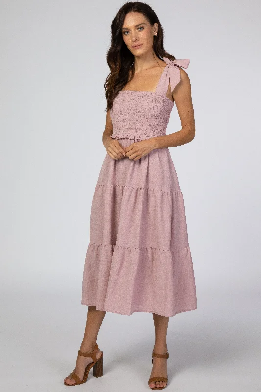 Mauve Bow Strap Tiered Midi Dress Trendy A-Line Midi Dress