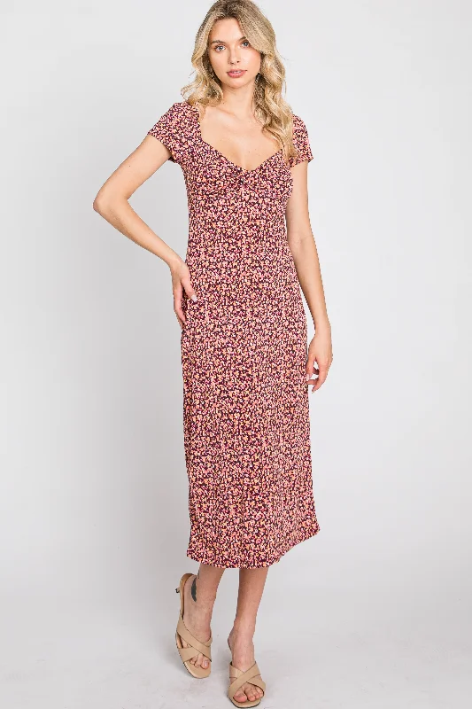 Mauve Floral Sweetheart Midi Dress Cozy Wide Strap Midi Dress