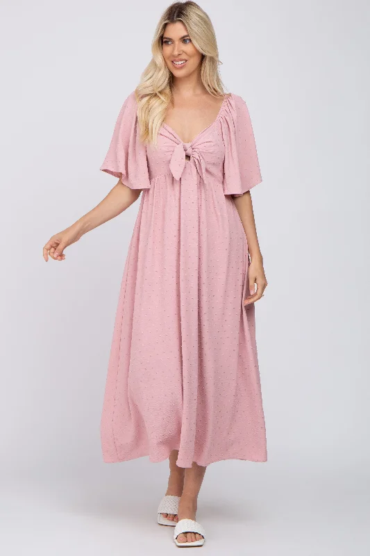 Mauve Textured Dot Front Tie Ruffle Sleeve Midi Dress Comfortable Knitwear Midi Dress Mauve Textured Dot Front Tie Ruffle Sleeve Midi Dress Comfortable Knitwear Midi Dress