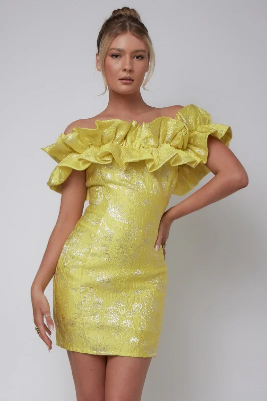 Memoire Off-Shoulder Jacquard Mini Dress Yellow Comfortable Wrap Mini Dress