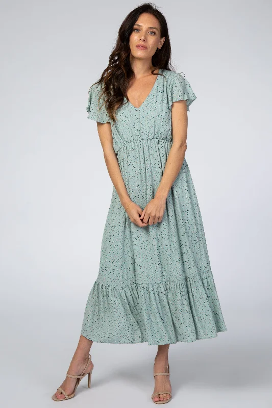 Mint Dot Print Ruffle Midi Dress Comfortable Fit-and-Flare Midi Dress