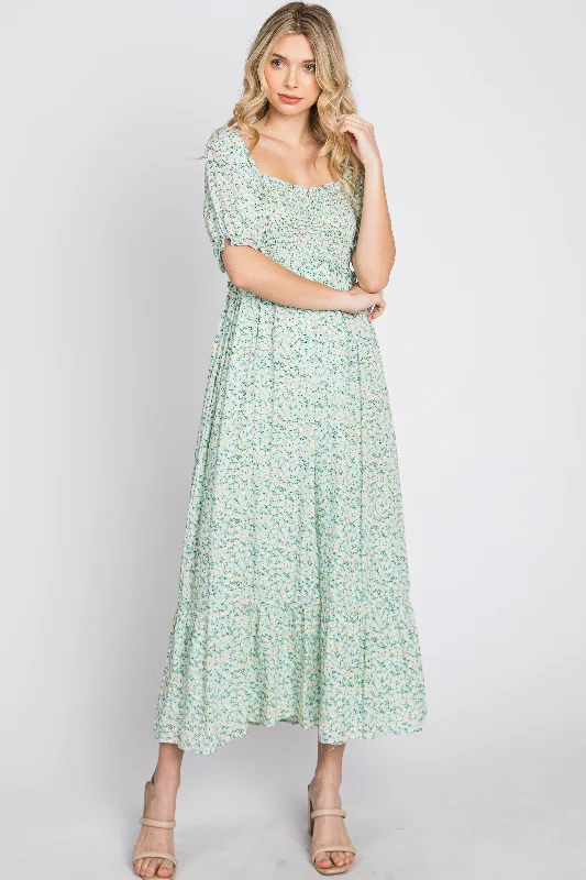 Mint Floral Sweetheart Neck Midi Dress Trendy Knit Midi Dress