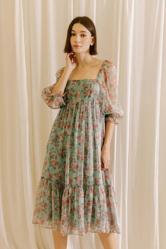 Mint Green Floral Shimmer Chiffon Square Neck Midi Dress Fashionable A-Line Midi Dress