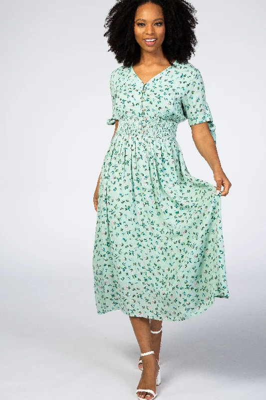 Mint Green Floral Tie Sleeve Midi Dress Comfortable Adjustable Strap Midi Dress