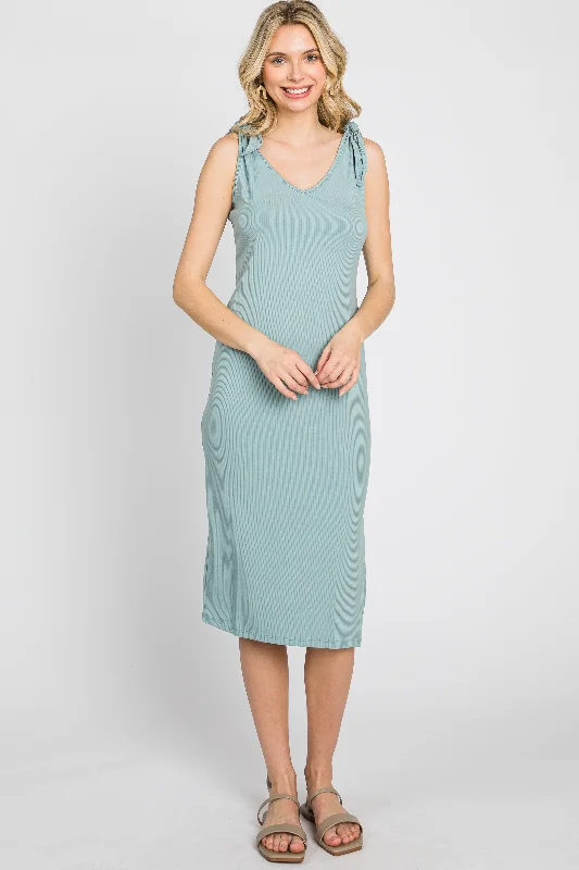 Mint Green Ribbed Shoulder Tie Midi Dress Elegant Satin Midi Dress