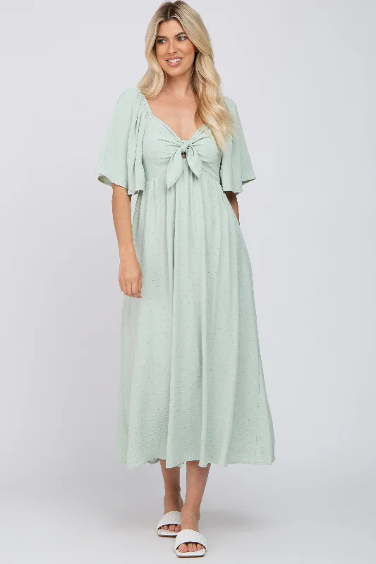 Mint Green Textured Dot Front Tie Ruffle Sleeve Midi Dress Trendy Smocked Waist Midi Dress Mint Green Textured Dot Front Tie Ruffle Sleeve Midi Dress Trendy Smocked Waist Midi Dress