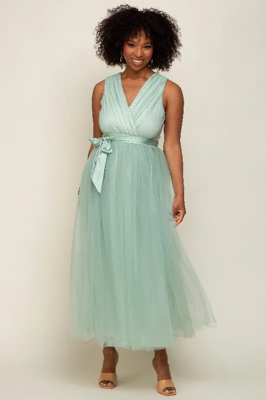 Mint Green Wrap V-Neck Waist Tie Tulle Midi Dress Elegant Faux Wrap Midi Dress