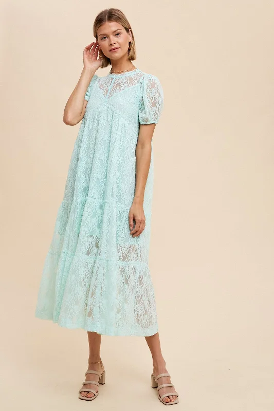 Mint Lace Tiered Midi Dress Trendy Ruched Side Midi Dress